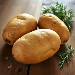 Three fresh, earthy brown potatoes sitting together on a rustic wooden table, with soft natural light illuminating their textured skin