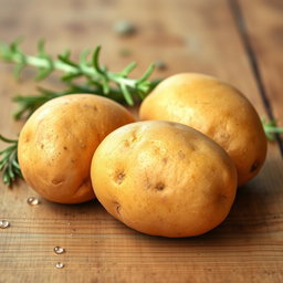 Three fresh, earthy brown potatoes sitting together on a rustic wooden table, with soft natural light illuminating their textured skin