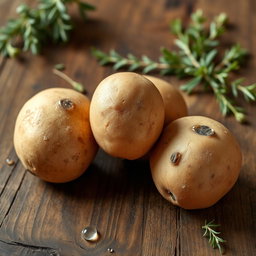 Three fresh, earthy brown potatoes sitting together on a rustic wooden table, with soft natural light illuminating their textured skin