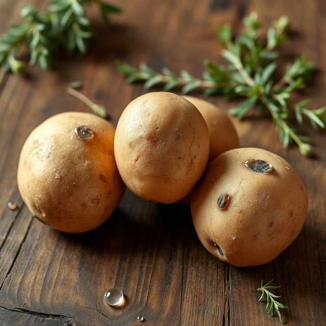 Three fresh, earthy brown potatoes sitting together on a rustic wooden table, with soft natural light illuminating their textured skin
