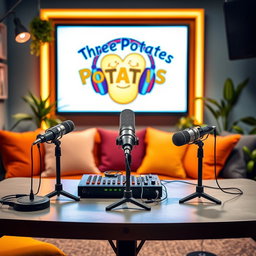 A vibrant podcast studio setting featuring three microphones on a table with a backdrop that displays the logo of 'Three Potatoes Podcast'