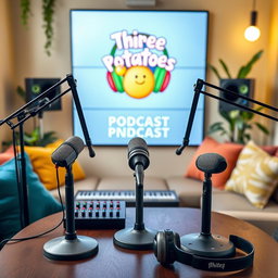 A vibrant podcast studio setting featuring three microphones on a table with a backdrop that displays the logo of 'Three Potatoes Podcast'
