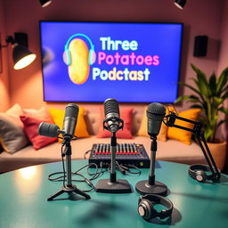 A vibrant podcast studio setting featuring three microphones on a table with a backdrop that displays the logo of 'Three Potatoes Podcast'