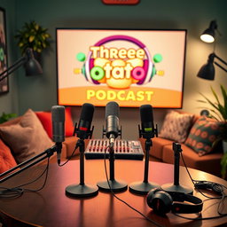 A vibrant podcast studio setting featuring three microphones on a table with a backdrop that displays the logo of 'Three Potatoes Podcast'