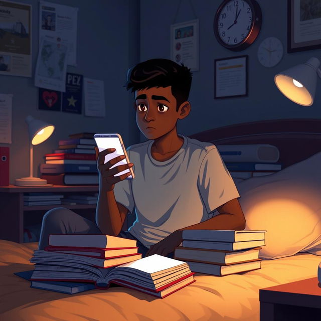 A scene depicting a young student named Mukidi sitting on his bed late at night, illuminated by the soft glow of his phone screen