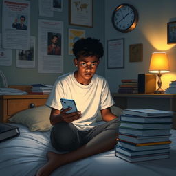 A scene depicting a young student named Mukidi sitting on his bed late at night, illuminated by the soft glow of his phone screen