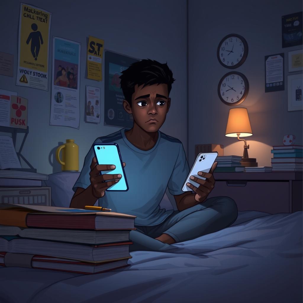 A scene depicting a young student named Mukidi sitting on his bed late at night, illuminated by the soft glow of his phone screen