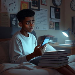 A scene depicting a young student named Mukidi sitting on his bed late at night, illuminated by the soft glow of his phone screen