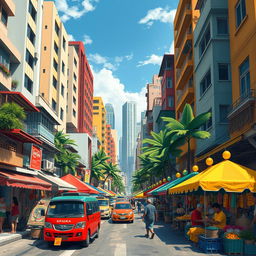 An imaginative representation of contemporary Philippine culture, featuring vibrant urban landscapes that showcase the SPACE with a bustling city atmosphere