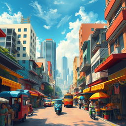 An imaginative representation of contemporary Philippine culture, featuring vibrant urban landscapes that showcase the SPACE with a bustling city atmosphere