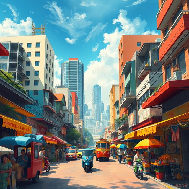 An imaginative representation of contemporary Philippine culture, featuring vibrant urban landscapes that showcase the SPACE with a bustling city atmosphere
