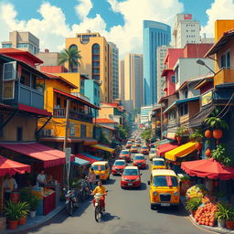 An imaginative representation of contemporary Philippine culture, featuring vibrant urban landscapes that showcase the SPACE with a bustling city atmosphere