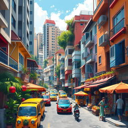 An imaginative representation of contemporary Philippine culture, featuring vibrant urban landscapes that showcase the SPACE with a bustling city atmosphere