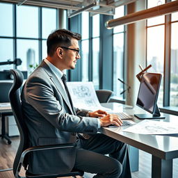 An engineer in a modern office setting, dressed in a crisp, tailored suit