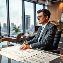 An engineer in a modern office setting, dressed in a crisp, tailored suit