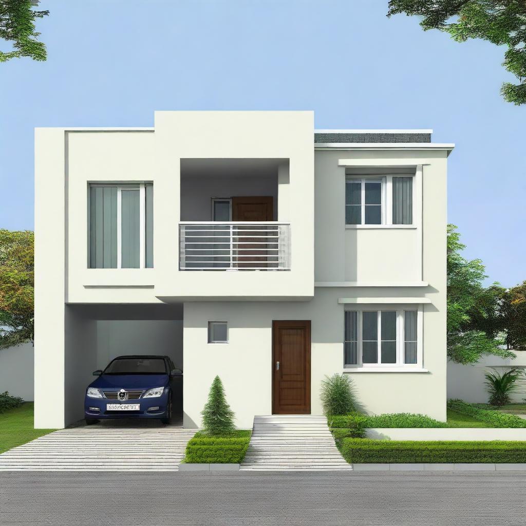 A front elevation view of a 2 bedroom, 2 washroom house plot map design with car parking, all fit within a 30x30 feet plot. The design conveys skilled space planning and striking architectural layout.