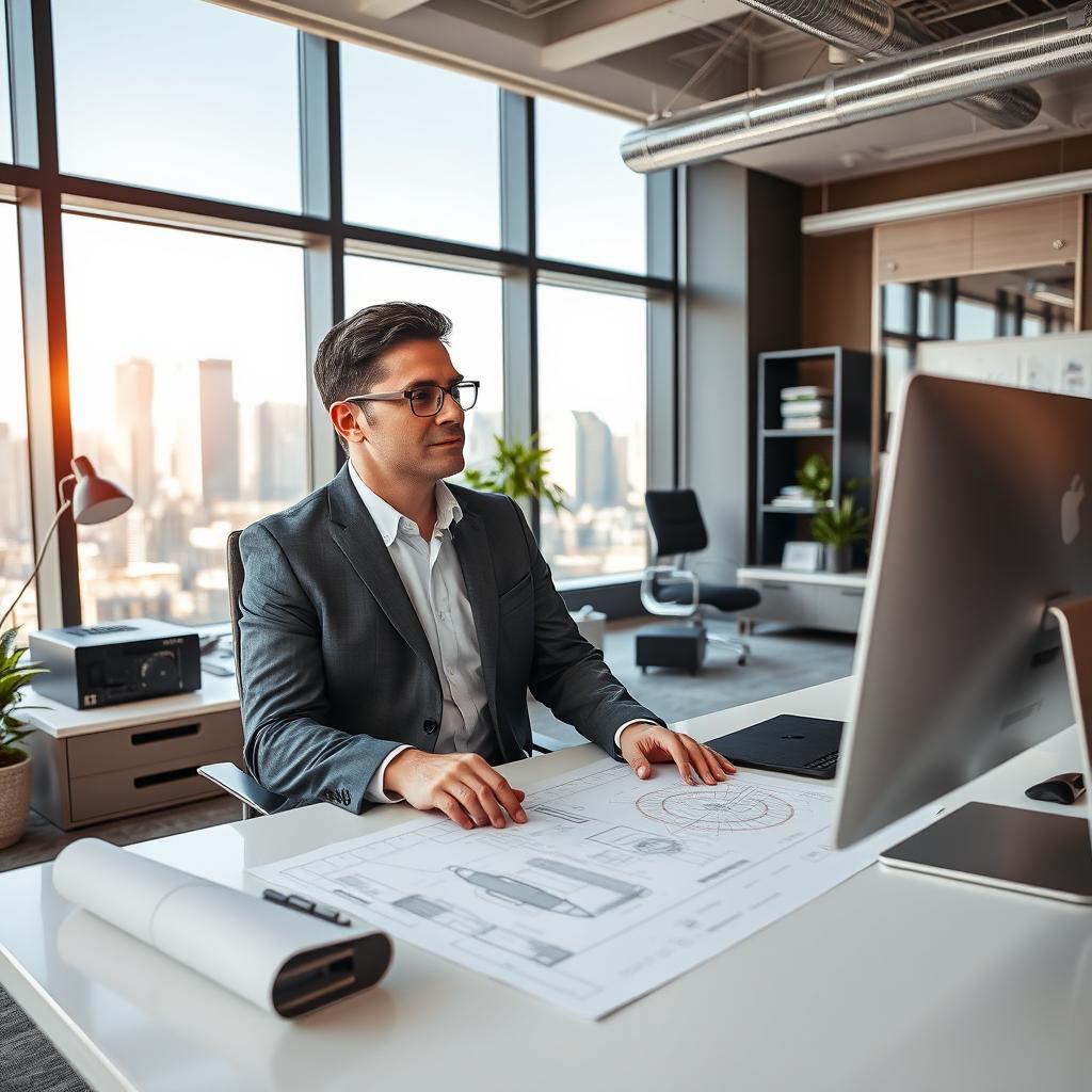 An engineer in a modern office setting, dressed in a crisp, tailored suit