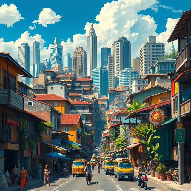 A captivating depiction of contemporary Philippine culture, illustrating the ELEMENTS OF ART: utilize SPACE to create a layered cityscape representing urban life, accentuate LINE with dynamic alleyways and modern architecture; integrate various SHAPES and FORMS by featuring traditional bahay kubo houses alongside skyscrapers and vibrant jeepneys