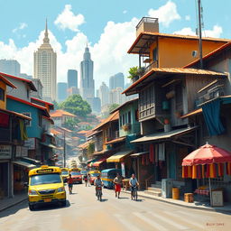 A captivating depiction of contemporary Philippine culture, illustrating the ELEMENTS OF ART: utilize SPACE to create a layered cityscape representing urban life, accentuate LINE with dynamic alleyways and modern architecture; integrate various SHAPES and FORMS by featuring traditional bahay kubo houses alongside skyscrapers and vibrant jeepneys