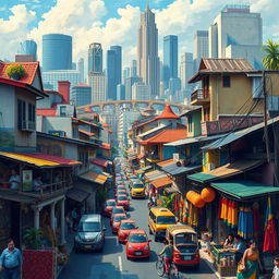 A captivating depiction of contemporary Philippine culture, illustrating the ELEMENTS OF ART: utilize SPACE to create a layered cityscape representing urban life, accentuate LINE with dynamic alleyways and modern architecture; integrate various SHAPES and FORMS by featuring traditional bahay kubo houses alongside skyscrapers and vibrant jeepneys