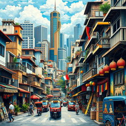A captivating depiction of contemporary Philippine culture, illustrating the ELEMENTS OF ART: utilize SPACE to create a layered cityscape representing urban life, accentuate LINE with dynamic alleyways and modern architecture; integrate various SHAPES and FORMS by featuring traditional bahay kubo houses alongside skyscrapers and vibrant jeepneys