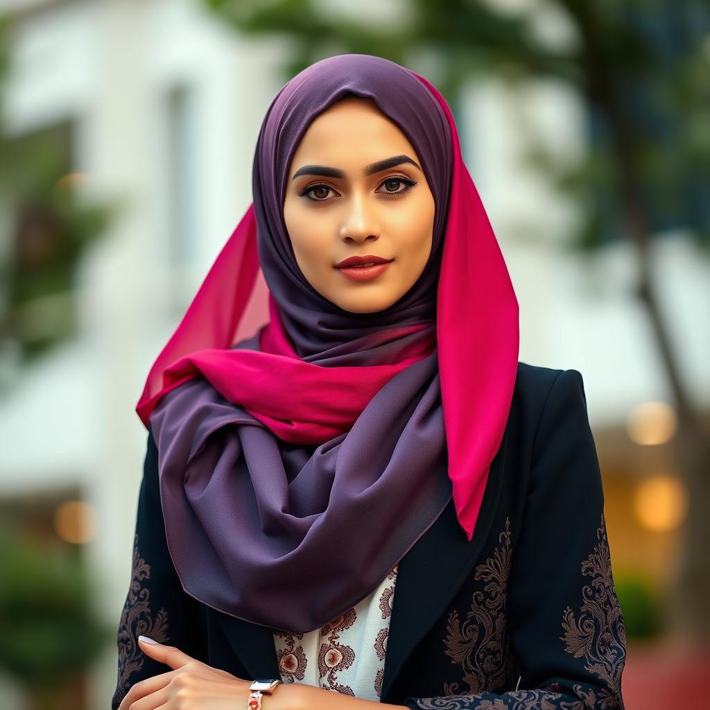 A beautiful woman wearing a stylish hijab, gracefully blending modern and traditional fashion