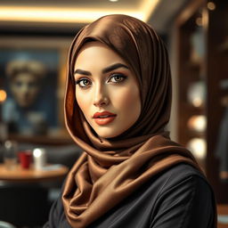 An elegant and alluring woman wearing a stylish, form-fitting hijab that embodies both modesty and a hint of sensuality