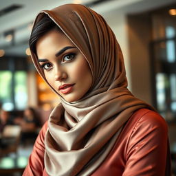 An elegant and alluring woman wearing a stylish, form-fitting hijab that embodies both modesty and a hint of sensuality