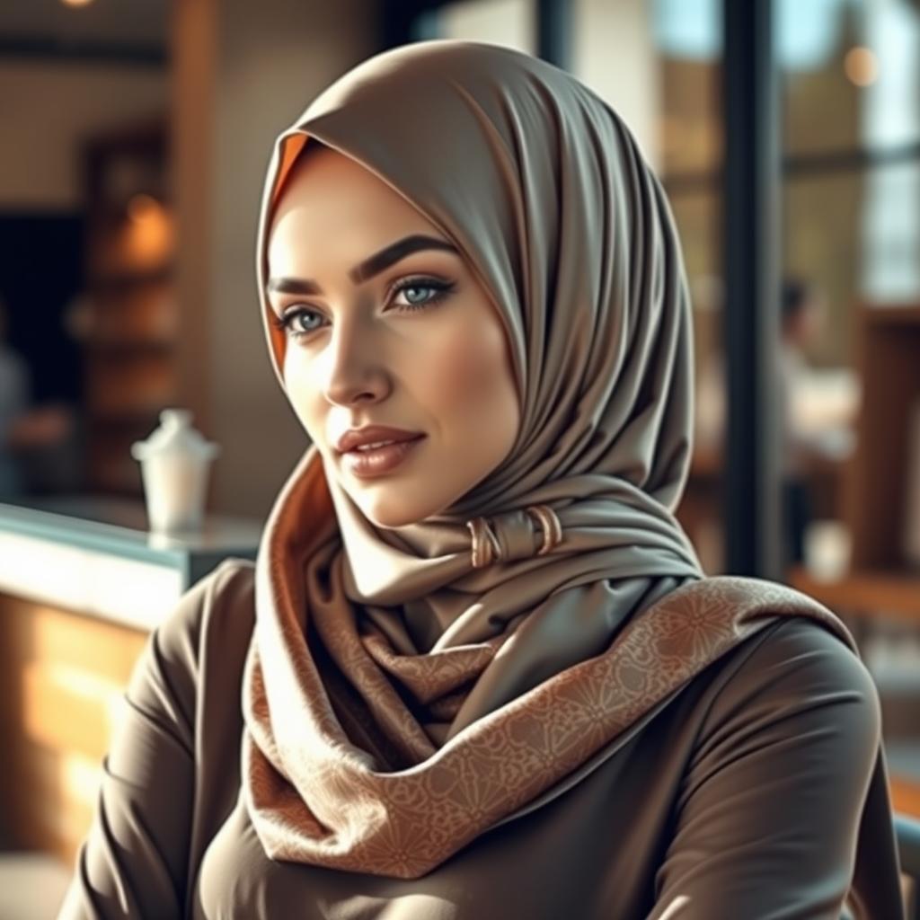 An elegant and alluring woman wearing a stylish, form-fitting hijab that embodies both modesty and a hint of sensuality