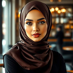 An elegant and alluring woman wearing a stylish, form-fitting hijab that embodies both modesty and a hint of sensuality