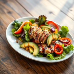 A beautifully arranged gourmet dish featuring a colorful mix of fresh vegetables and grilled chicken, served on an elegant white plate