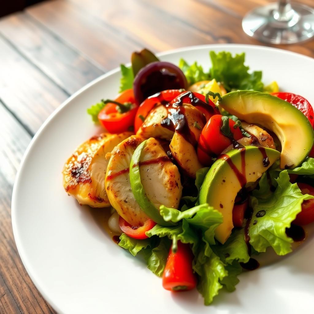 A beautifully arranged gourmet dish featuring a colorful mix of fresh vegetables and grilled chicken, served on an elegant white plate