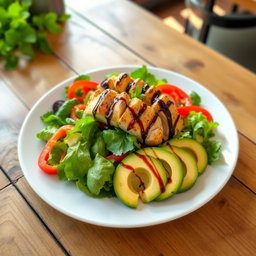 A beautifully arranged gourmet dish featuring a colorful mix of fresh vegetables and grilled chicken, served on an elegant white plate