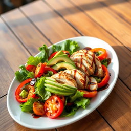 A beautifully arranged gourmet dish featuring a colorful mix of fresh vegetables and grilled chicken, served on an elegant white plate