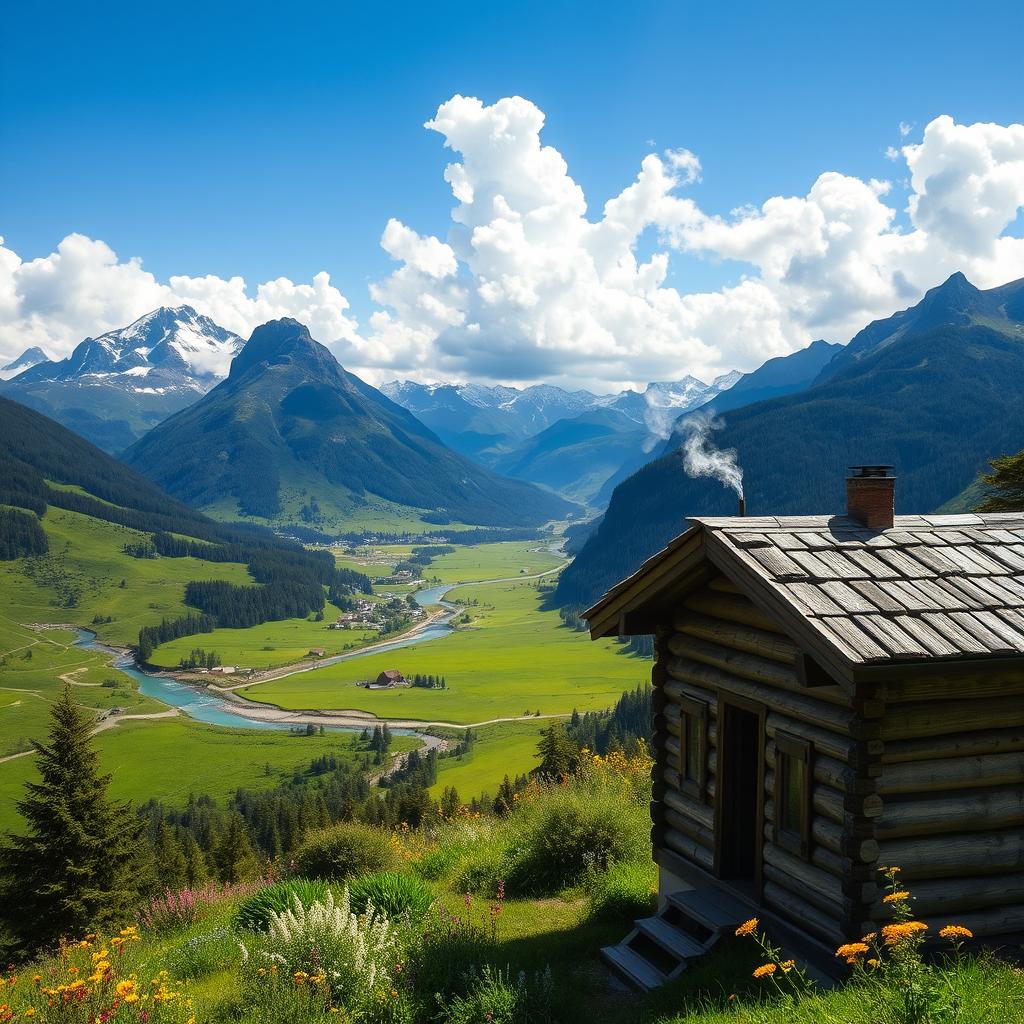 A breathtaking view of a scenic location featuring a lush green valley surrounded by towering mountains with snow caps, a serene river flowing through the valley, colorful wildflowers blooming alongside the riverbank, and a clear blue sky with fluffy white clouds
