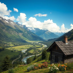 A breathtaking view of a scenic location featuring a lush green valley surrounded by towering mountains with snow caps, a serene river flowing through the valley, colorful wildflowers blooming alongside the riverbank, and a clear blue sky with fluffy white clouds