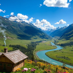 A breathtaking view of a scenic location featuring a lush green valley surrounded by towering mountains with snow caps, a serene river flowing through the valley, colorful wildflowers blooming alongside the riverbank, and a clear blue sky with fluffy white clouds
