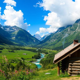 A breathtaking view of a scenic location featuring a lush green valley surrounded by towering mountains with snow caps, a serene river flowing through the valley, colorful wildflowers blooming alongside the riverbank, and a clear blue sky with fluffy white clouds