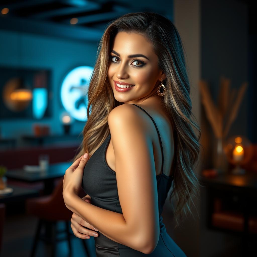 A confident and alluring woman posing seductively in a stylish outfit that showcases her curves