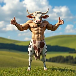 A whimsical half cow, half man creature, standing upright in a lush green meadow