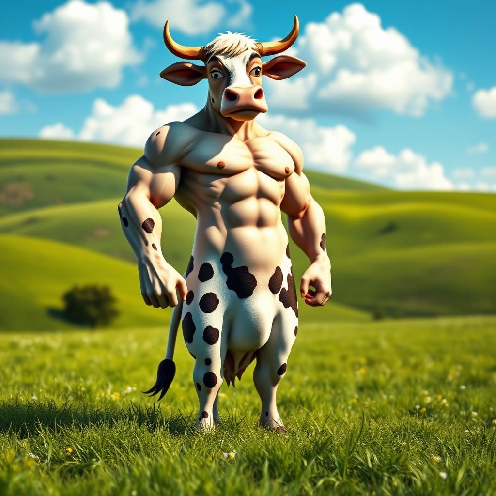 A whimsical half cow, half man creature, standing upright in a lush green meadow