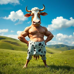 A whimsical half cow, half man creature, standing upright in a lush green meadow