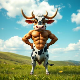 A whimsical half cow, half man creature, standing upright in a lush green meadow