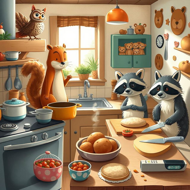 A whimsical scene featuring various animals in a cozy kitchen, each engaged in cooking food