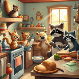 A whimsical scene featuring various animals in a cozy kitchen, each engaged in cooking food