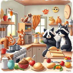 A whimsical scene featuring various animals in a cozy kitchen, each engaged in cooking food