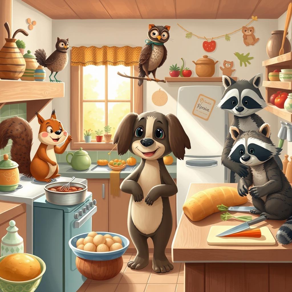 A whimsical scene featuring various animals in a cozy kitchen, each engaged in cooking food