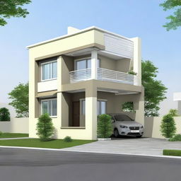 A front elevation view of a 2 bedroom, 2 washroom house plot map design with car parking, all fit within a 30x30 feet plot. The design conveys skilled space planning and striking architectural layout.