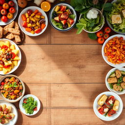 An artistic display of various dishes beautifully arranged around the edges of the image, leaving a clear, inviting free space in the middle
