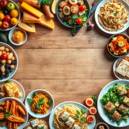An artistic display of various dishes beautifully arranged around the edges of the image, leaving a clear, inviting free space in the middle